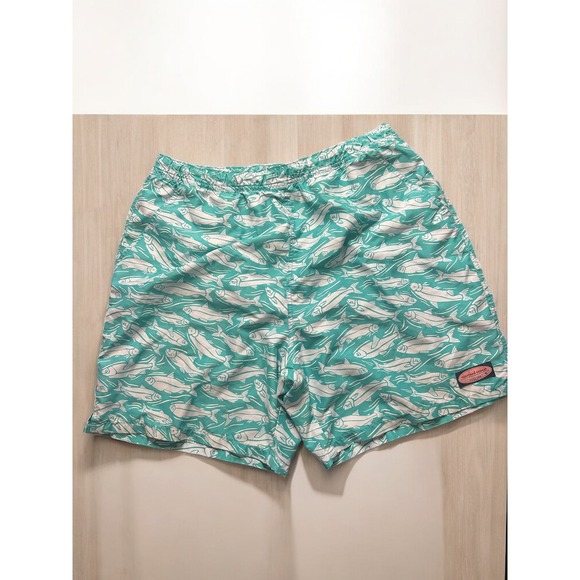 Vineyard Vines Men's Swim Trunks Size L Green Fish Print 6" Inseam - Picture 1 of 9
